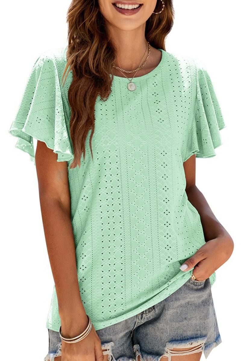 PUNCHING LACE RUFFLED SLEEVE CASUAL TOP - Doublju