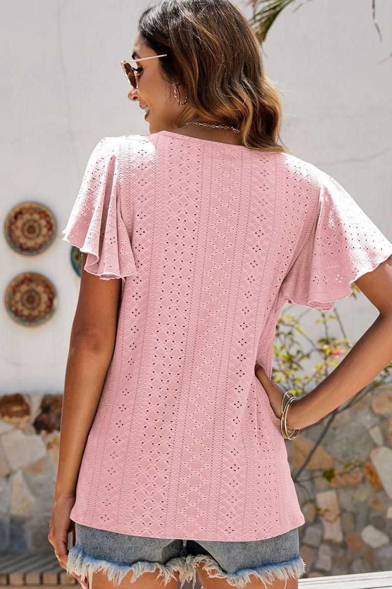 PUNCHING LACE RUFFLED SLEEVE CASUAL TOP - Doublju
