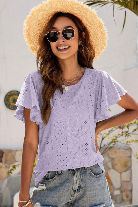 PUNCHING LACE RUFFLED SLEEVE CASUAL TOP - Doublju