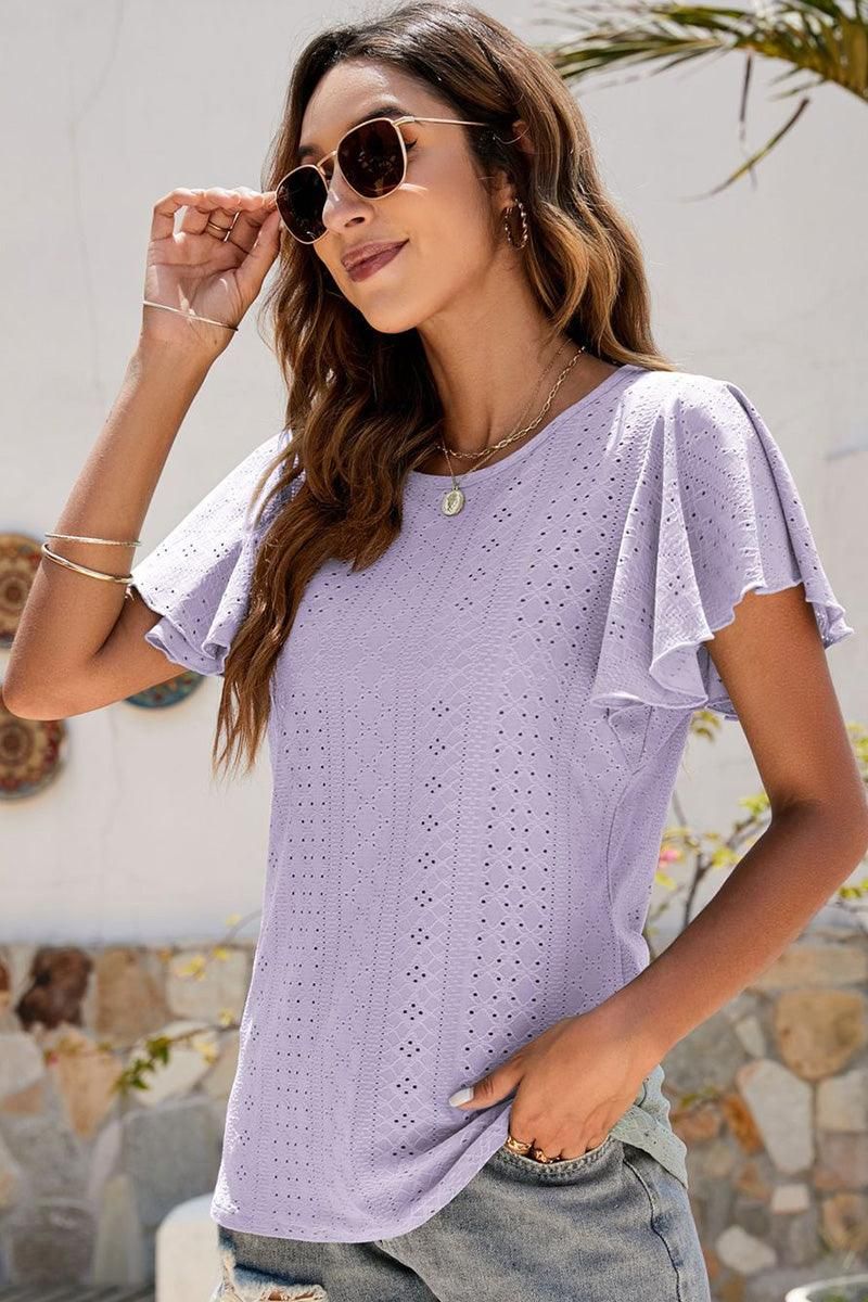 PUNCHING LACE RUFFLED SLEEVE CASUAL TOP - Doublju