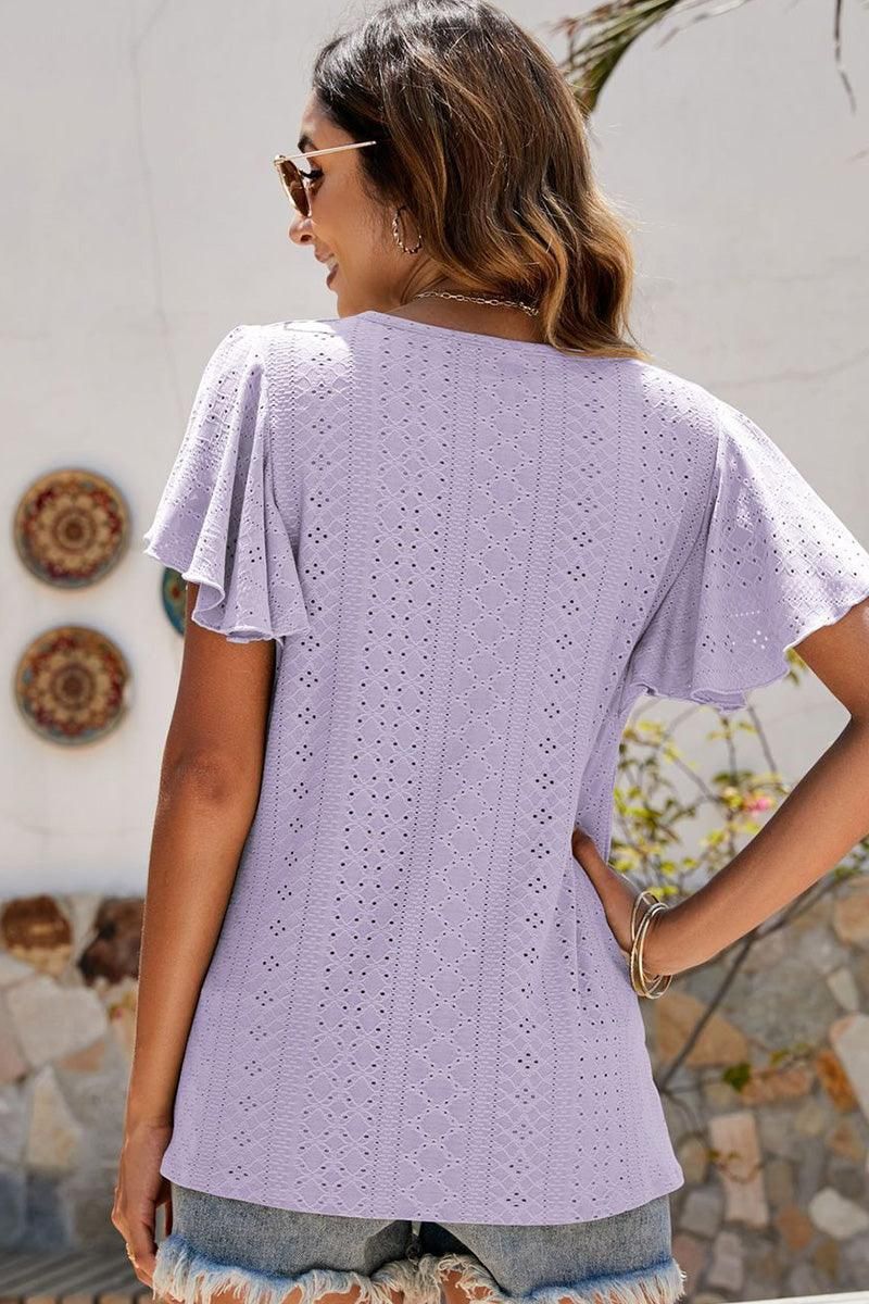 PUNCHING LACE RUFFLED SLEEVE CASUAL TOP - Doublju