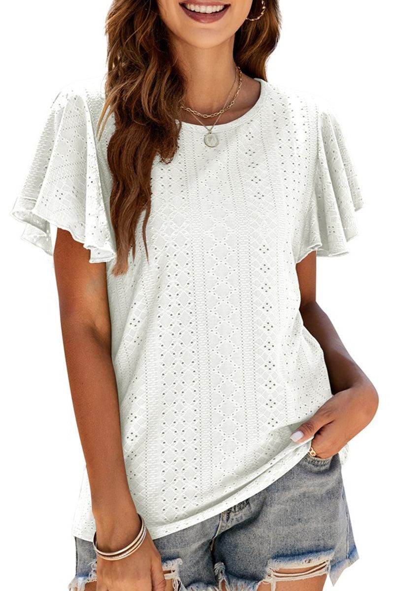 PUNCHING LACE RUFFLED SLEEVE CASUAL TOP - Doublju