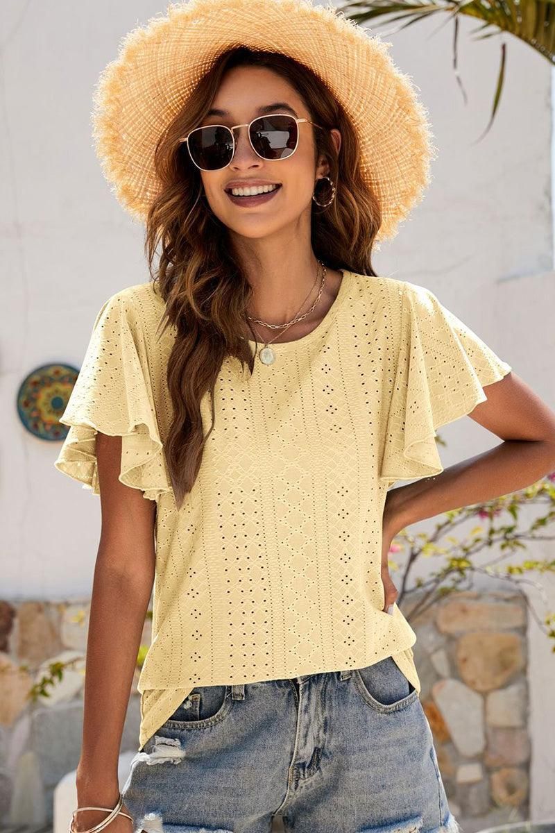 PUNCHING LACE RUFFLED SLEEVE CASUAL TOP - Doublju