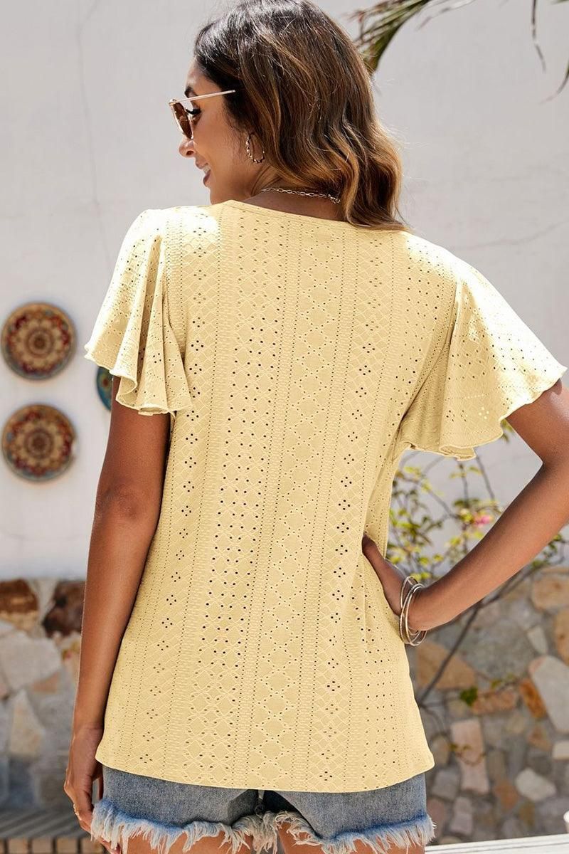 PUNCHING LACE RUFFLED SLEEVE CASUAL TOP - Doublju
