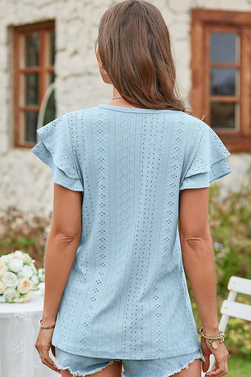 V NECK PUNCHING LACE DOUBLE SLEEVE TOP - Doublju