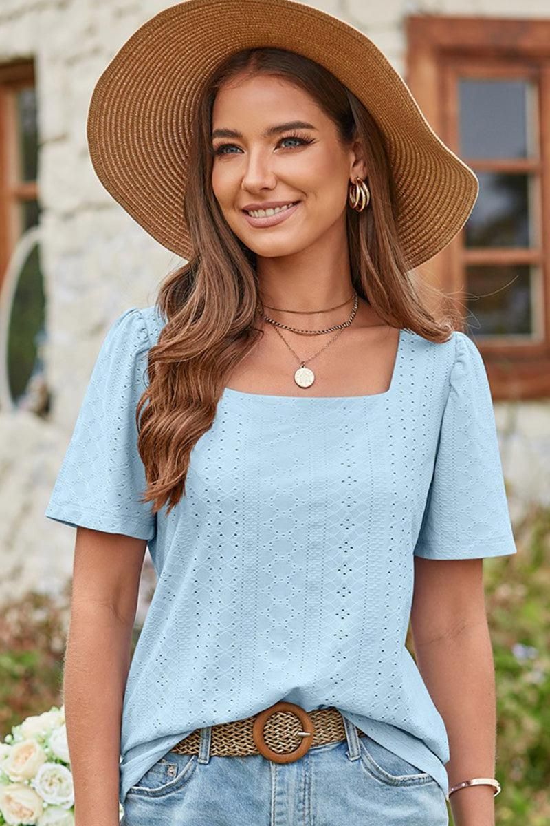 SQUERE NECK PUNCHING LACE TOP - Doublju