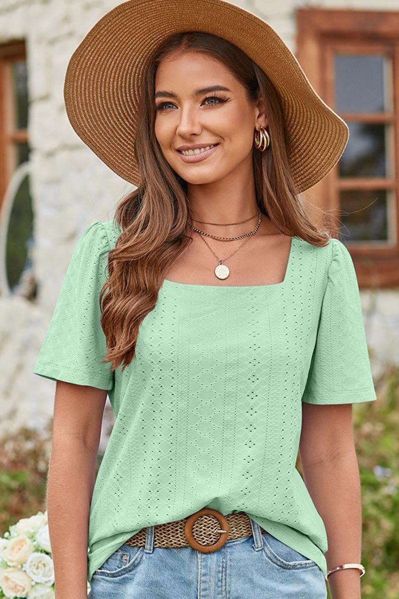 SQUERE NECK PUNCHING LACE TOP - Doublju