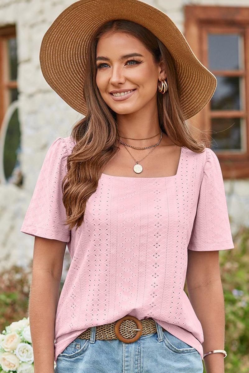 SQUERE NECK PUNCHING LACE TOP - Doublju