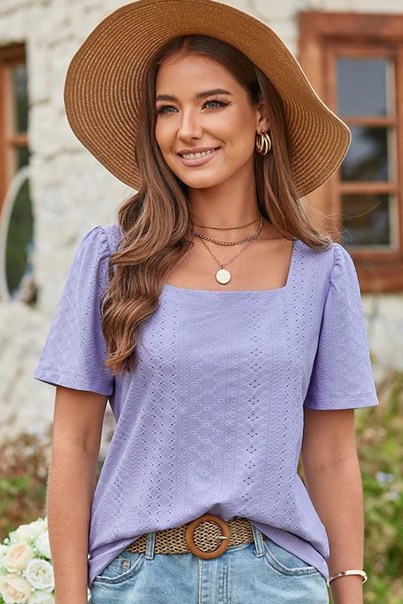 SQUERE NECK PUNCHING LACE TOP - Doublju