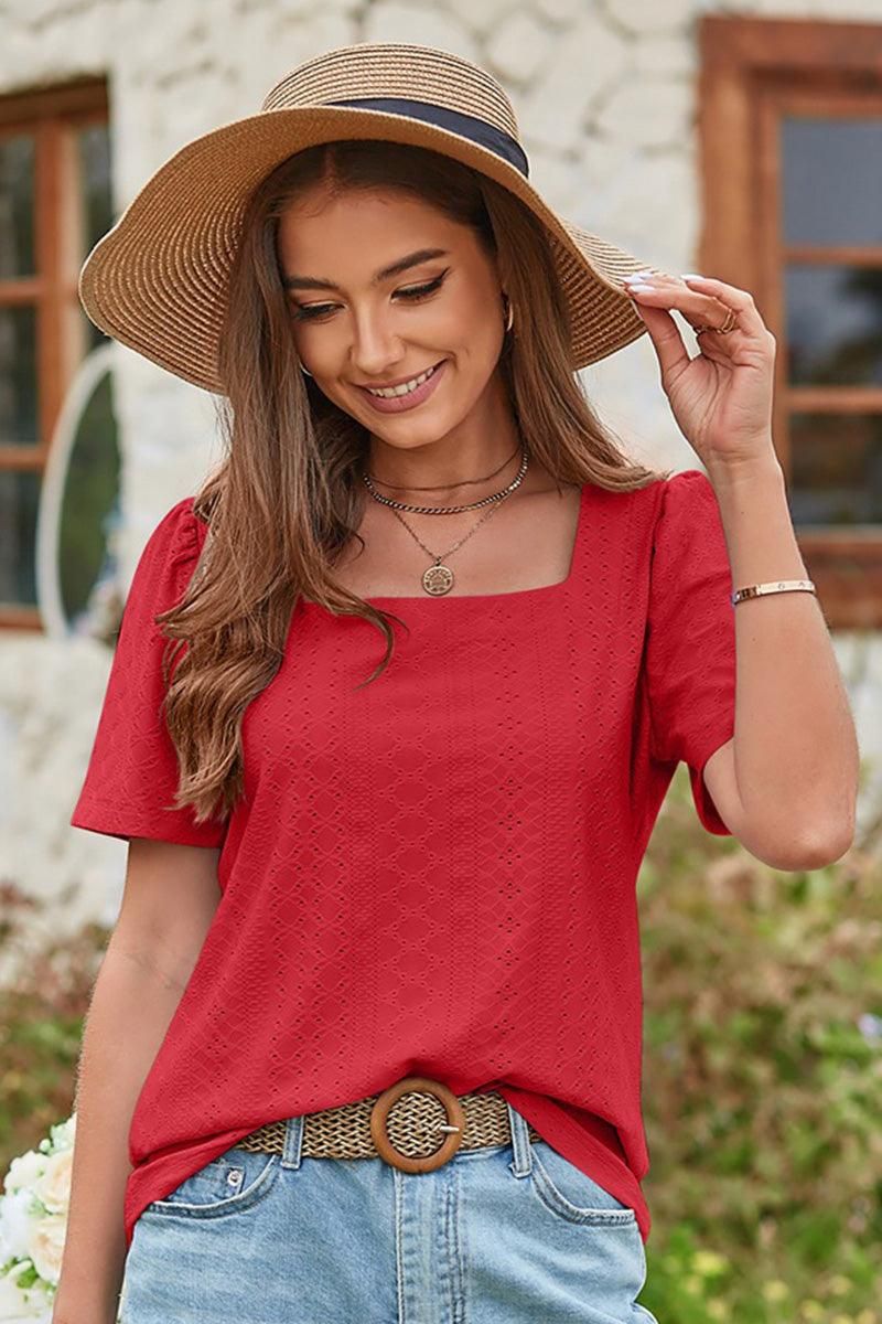 SQUERE NECK PUNCHING LACE TOP - Doublju