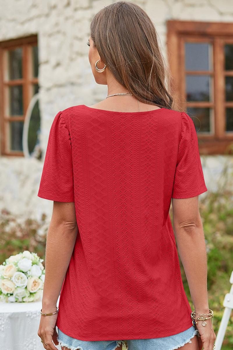 SQUERE NECK PUNCHING LACE TOP - Doublju