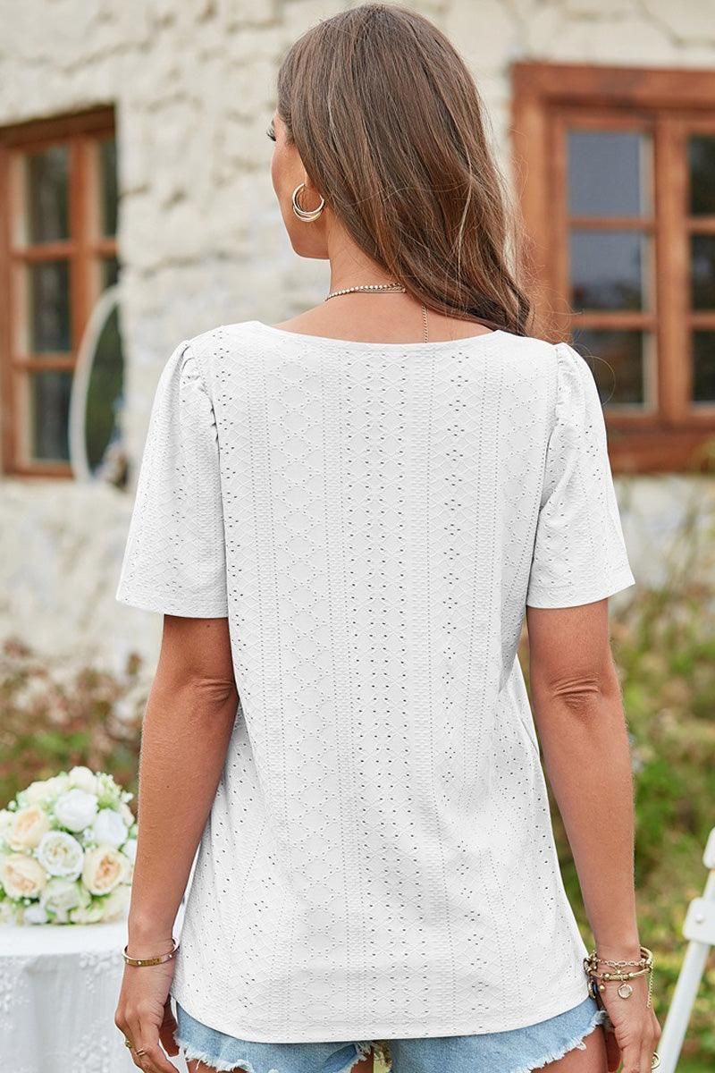 SQUERE NECK PUNCHING LACE TOP - Doublju