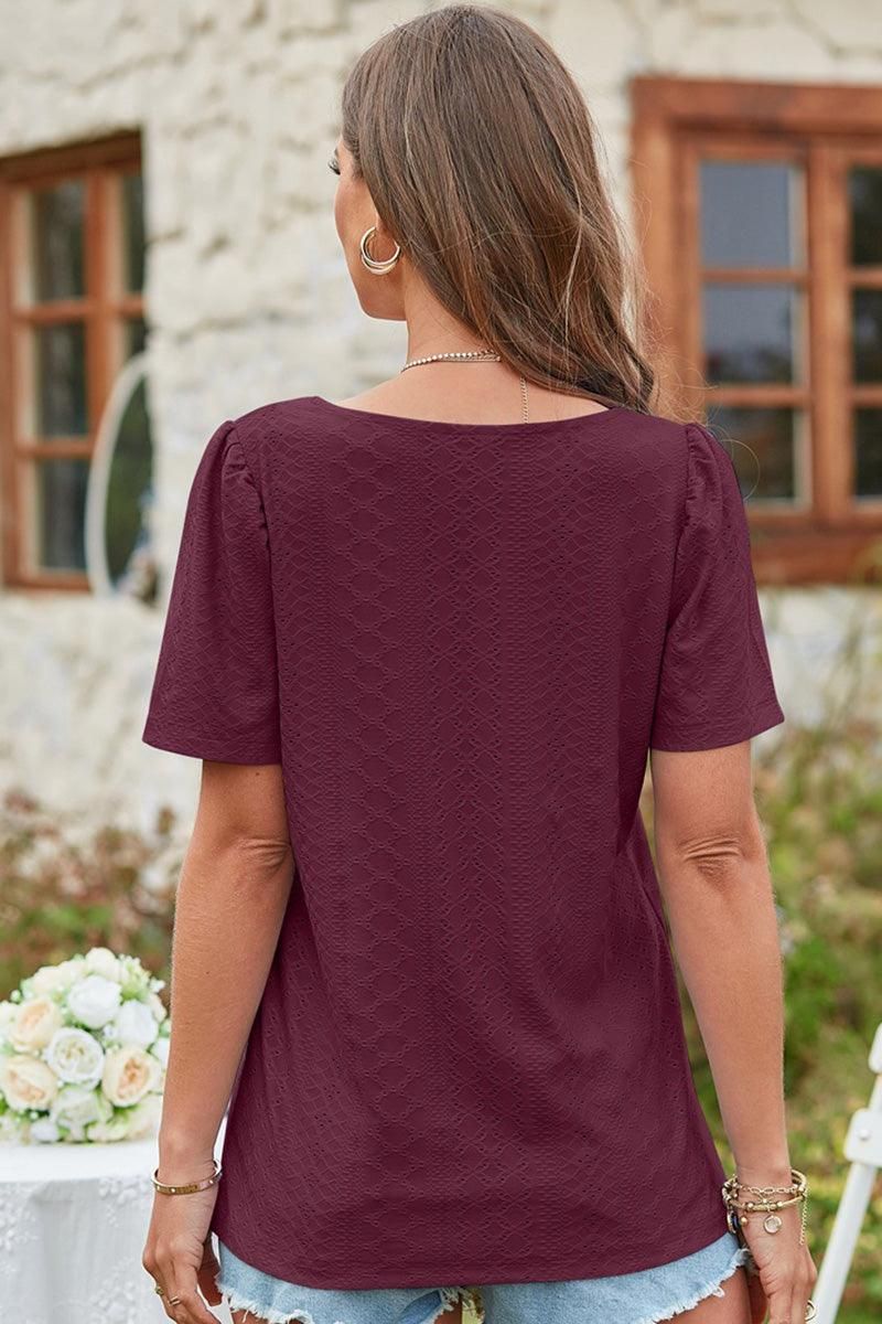 SQUERE NECK PUNCHING LACE TOP - Doublju