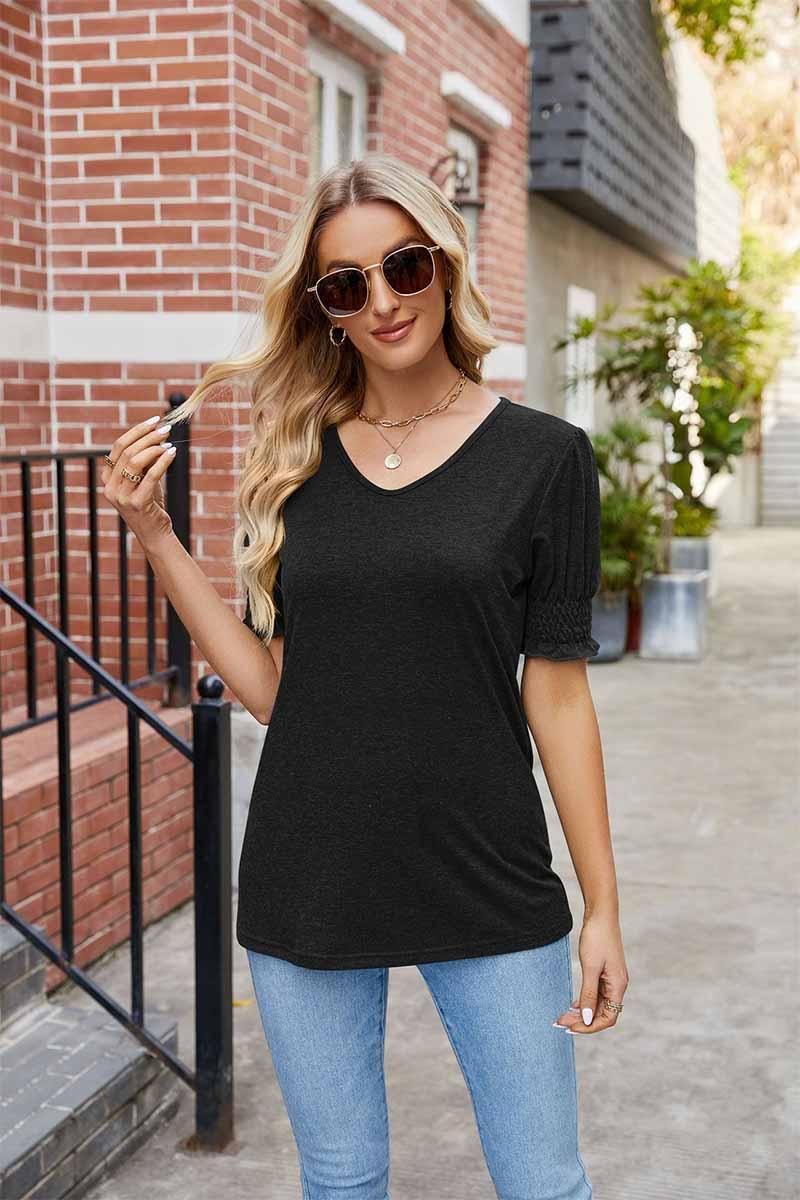 PLEATED FRILL PUFF SLEEVES V NECK TEE - Doublju