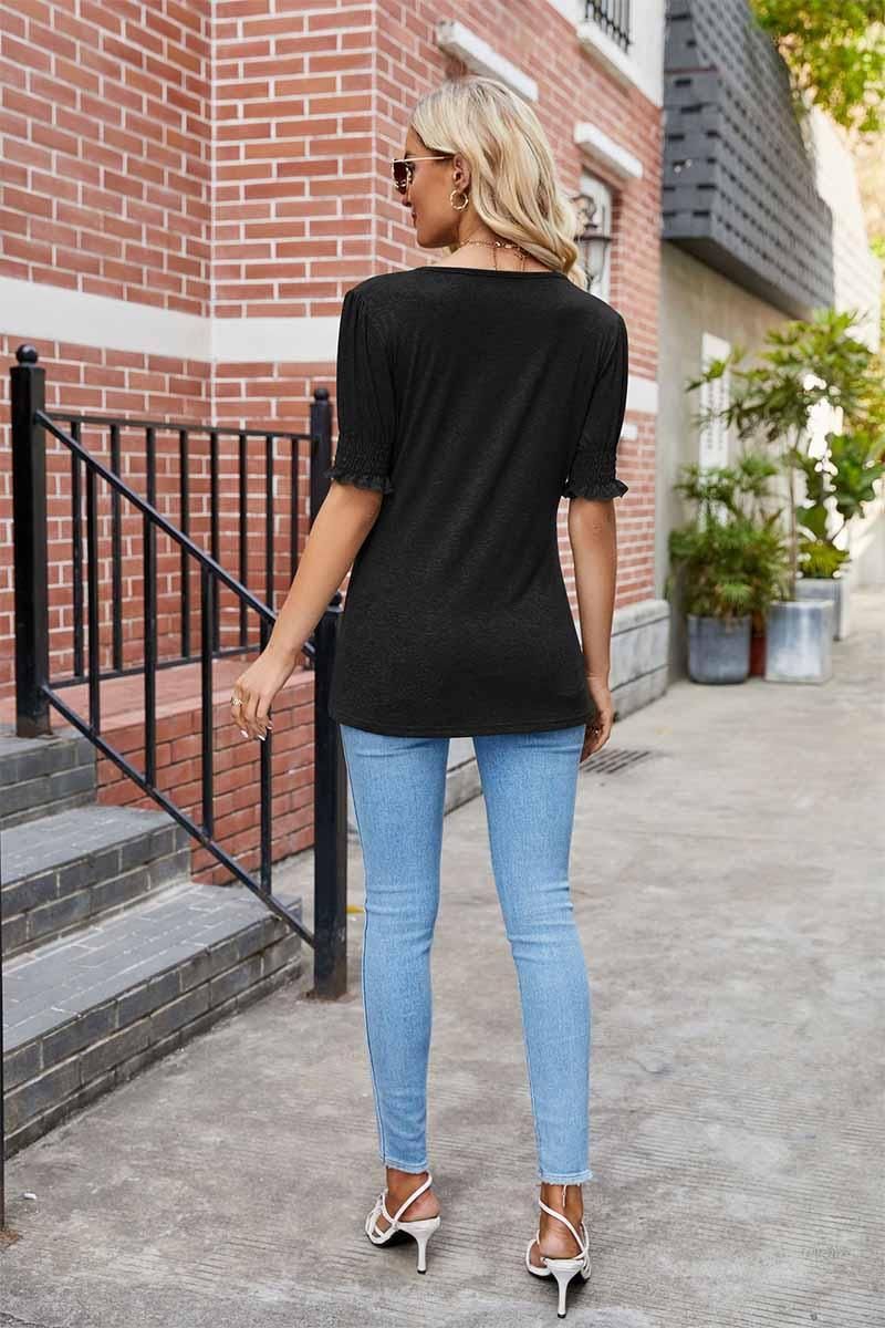 PLEATED FRILL PUFF SLEEVES V NECK TEE - Doublju