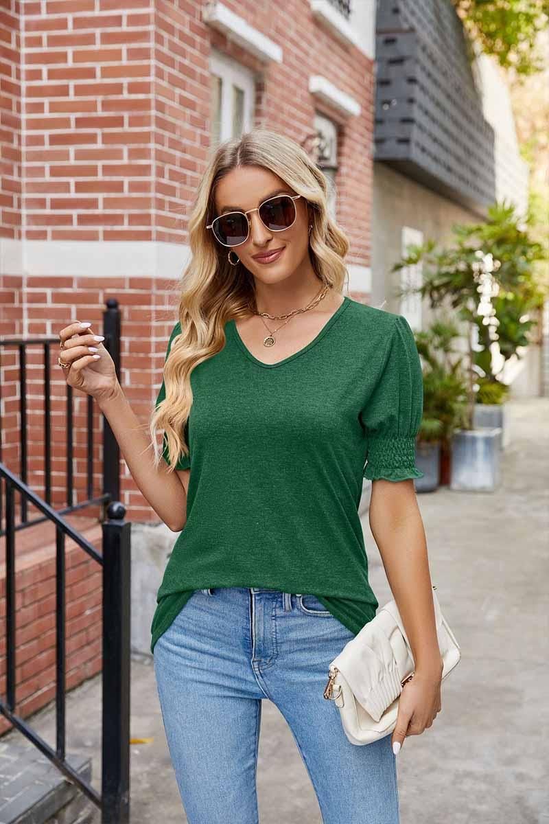 PLEATED FRILL PUFF SLEEVES V NECK TEE - Doublju