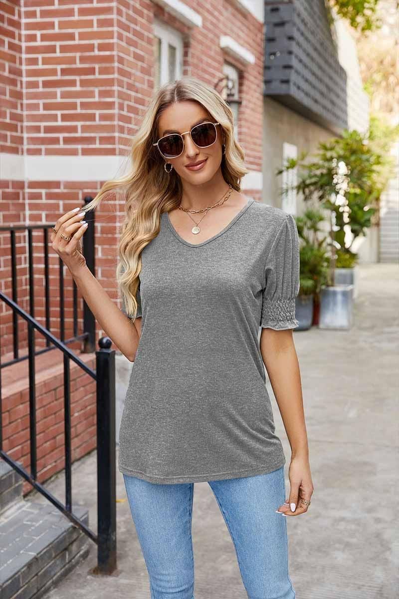 PLEATED FRILL PUFF SLEEVES V NECK TEE - Doublju