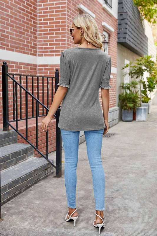 PLEATED FRILL PUFF SLEEVES V NECK TEE - Doublju