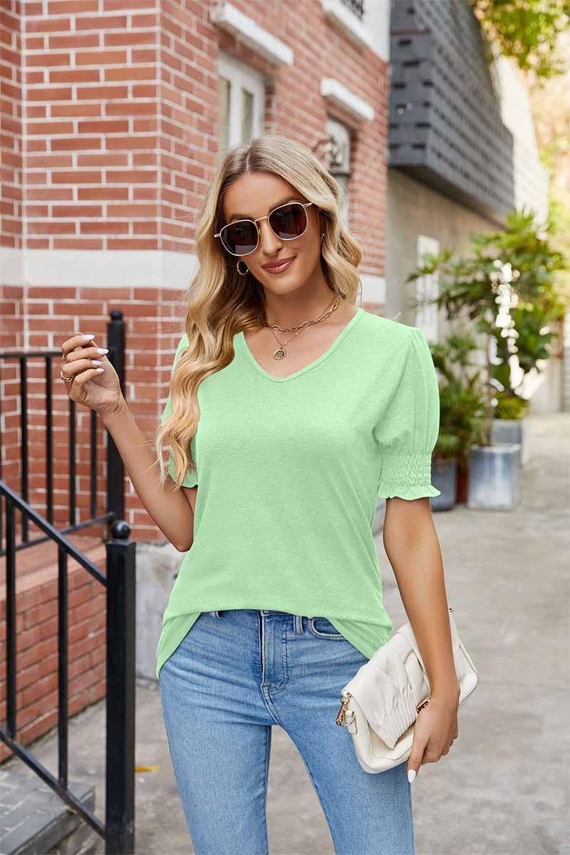 PLEATED FRILL PUFF SLEEVES V NECK TEE - Doublju