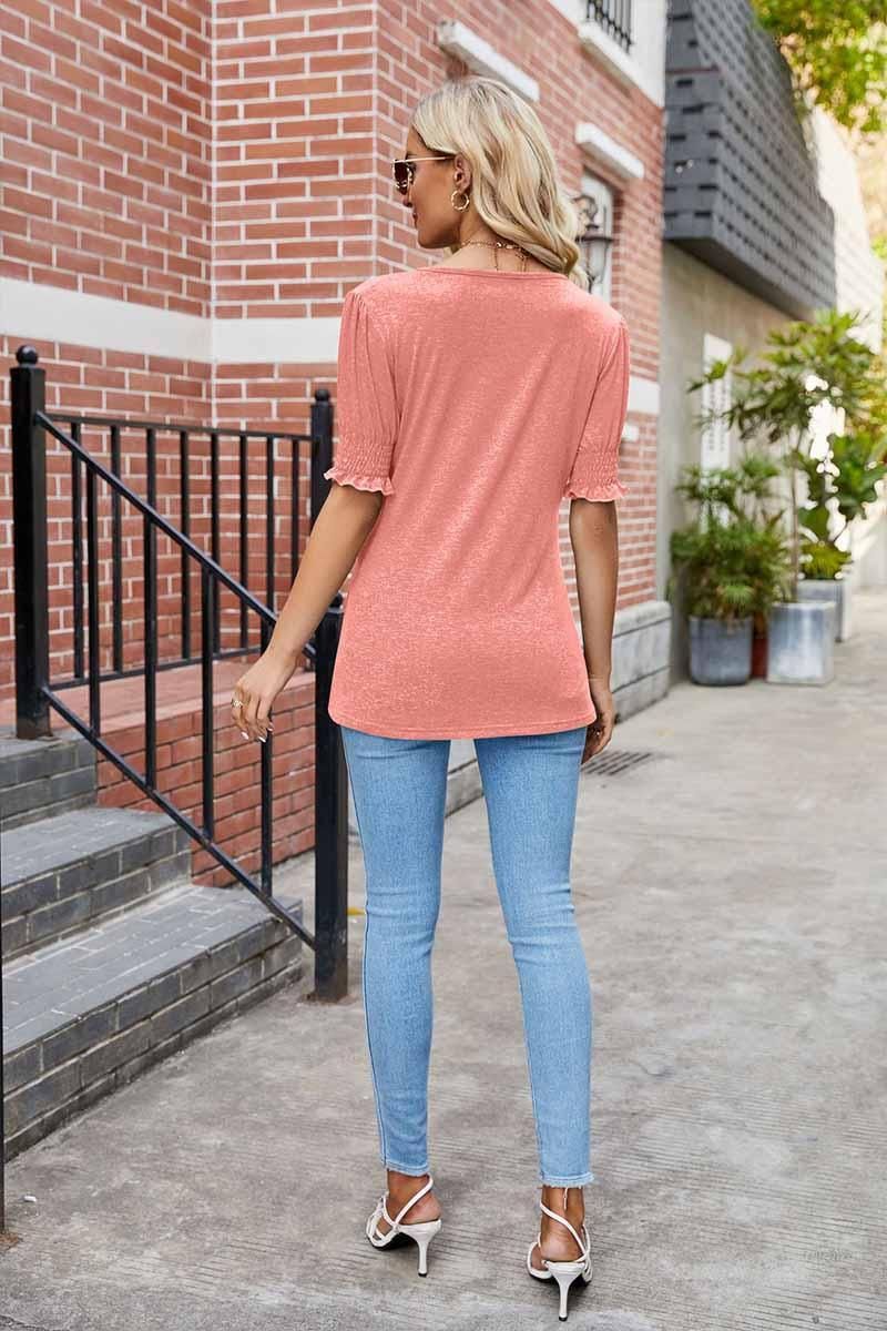 PLEATED FRILL PUFF SLEEVES V NECK TEE - Doublju