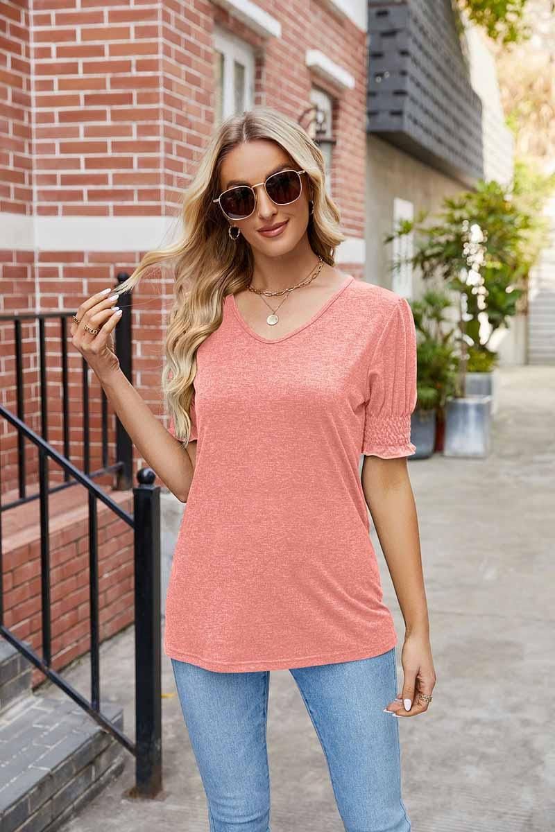 PLEATED FRILL PUFF SLEEVES V NECK TEE - Doublju