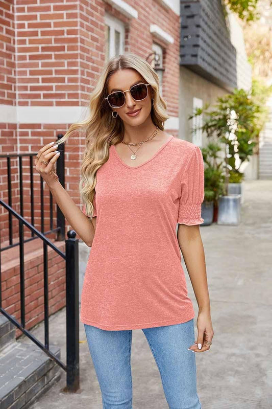 PLEATED FRILL PUFF SLEEVES V NECK TEE - Doublju