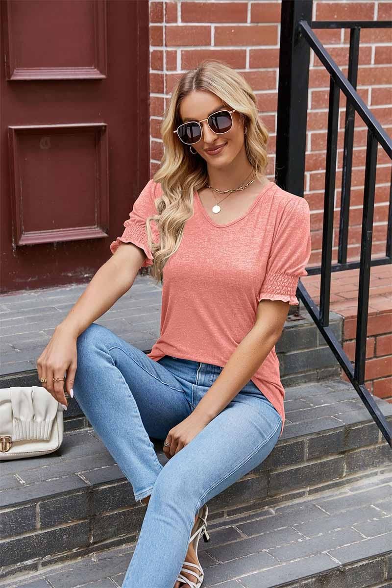 PLEATED FRILL PUFF SLEEVES V NECK TEE - Doublju