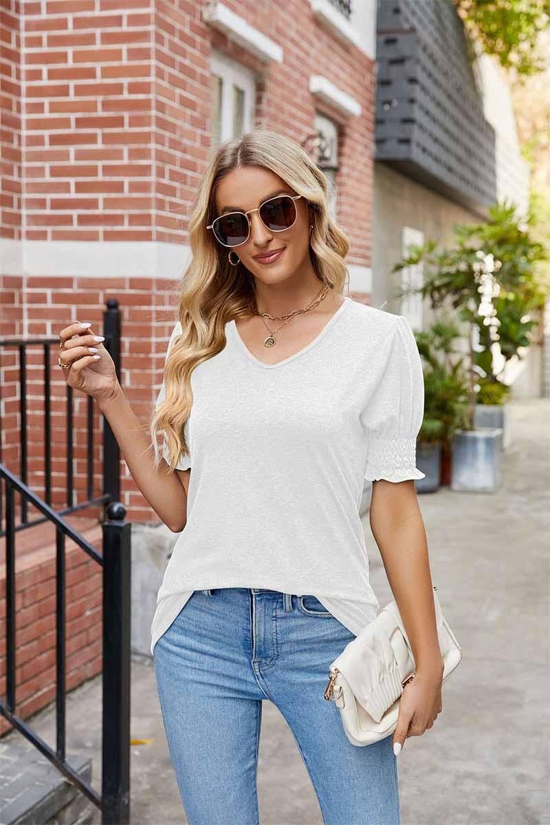 PLEATED FRILL PUFF SLEEVES V NECK TEE - Doublju