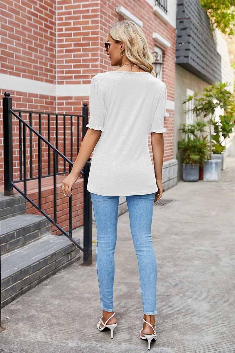 PLEATED FRILL PUFF SLEEVES V NECK TEE - Doublju