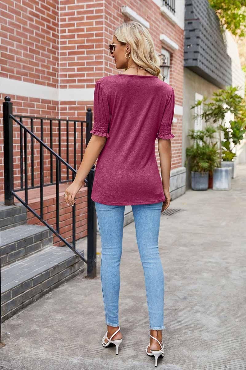 PLEATED FRILL PUFF SLEEVES V NECK TEE - Doublju