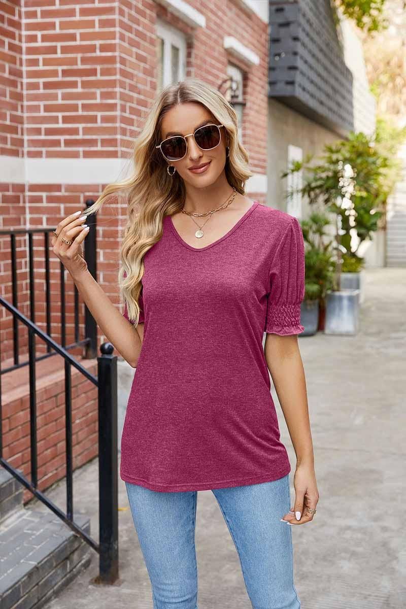 PLEATED FRILL PUFF SLEEVES V NECK TEE - Doublju