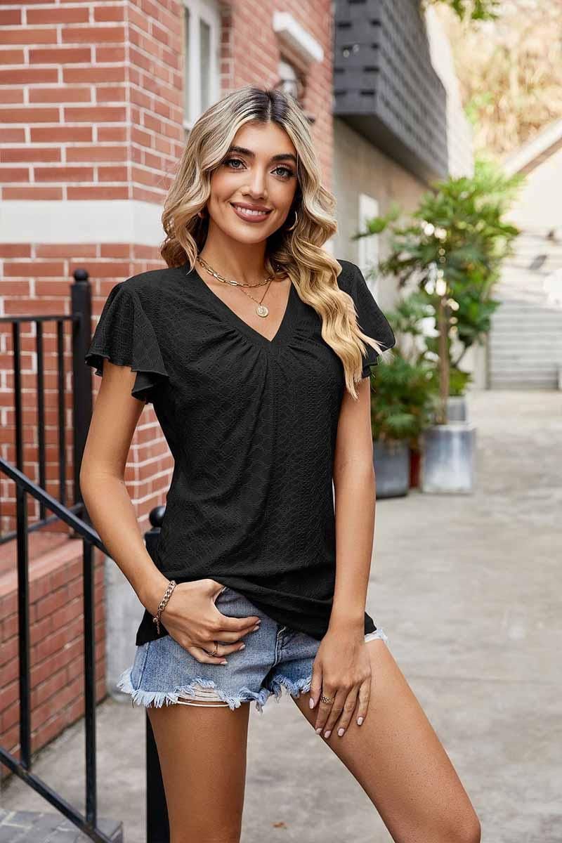 WRINKLED V NECK RUFFLED SLEEVES PUNCHING LACE TEE - Doublju