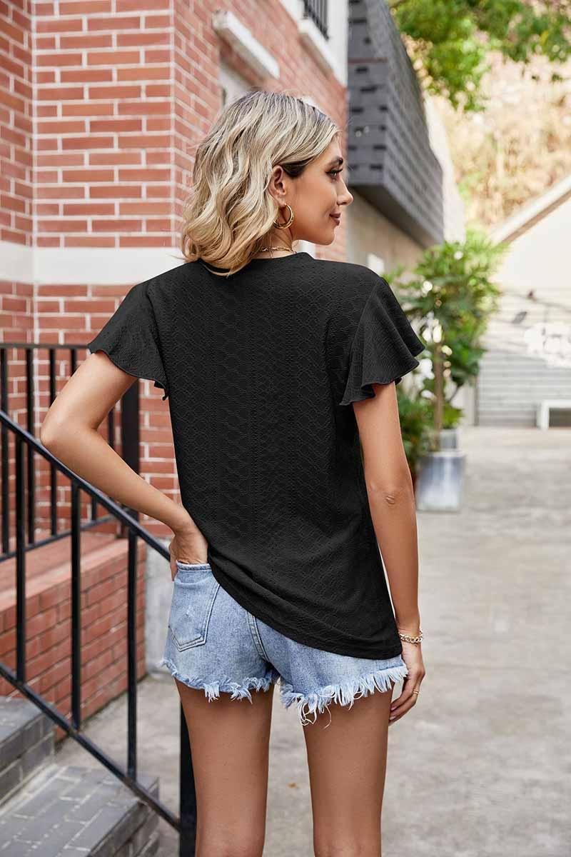 WRINKLED V NECK RUFFLED SLEEVES PUNCHING LACE TEE - Doublju