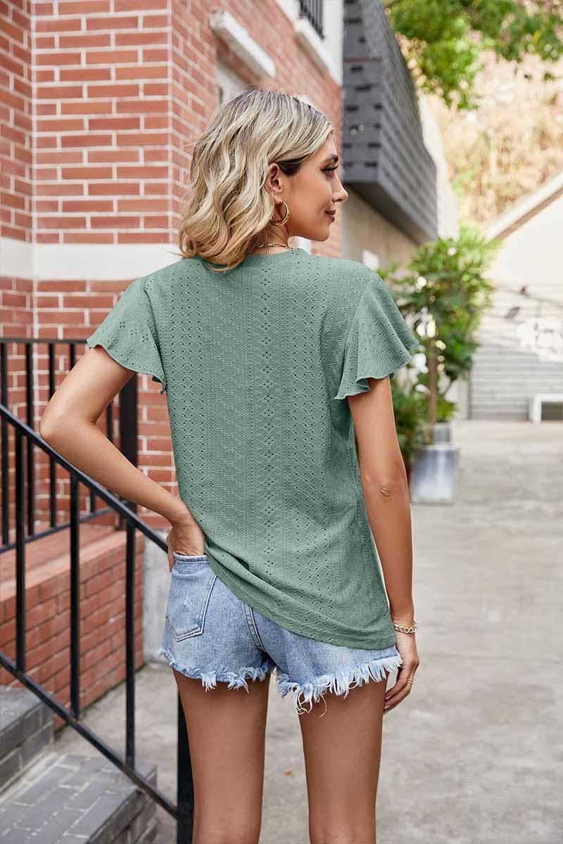 WRINKLED V NECK RUFFLED SLEEVES PUNCHING LACE TEE - Doublju