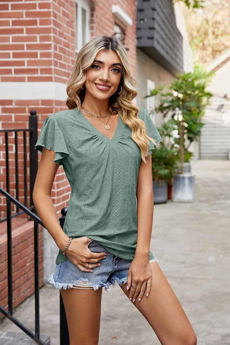 WRINKLED V NECK RUFFLED SLEEVES PUNCHING LACE TEE - Doublju