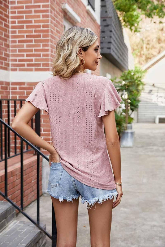 WRINKLED V NECK RUFFLED SLEEVES PUNCHING LACE TEE - Doublju