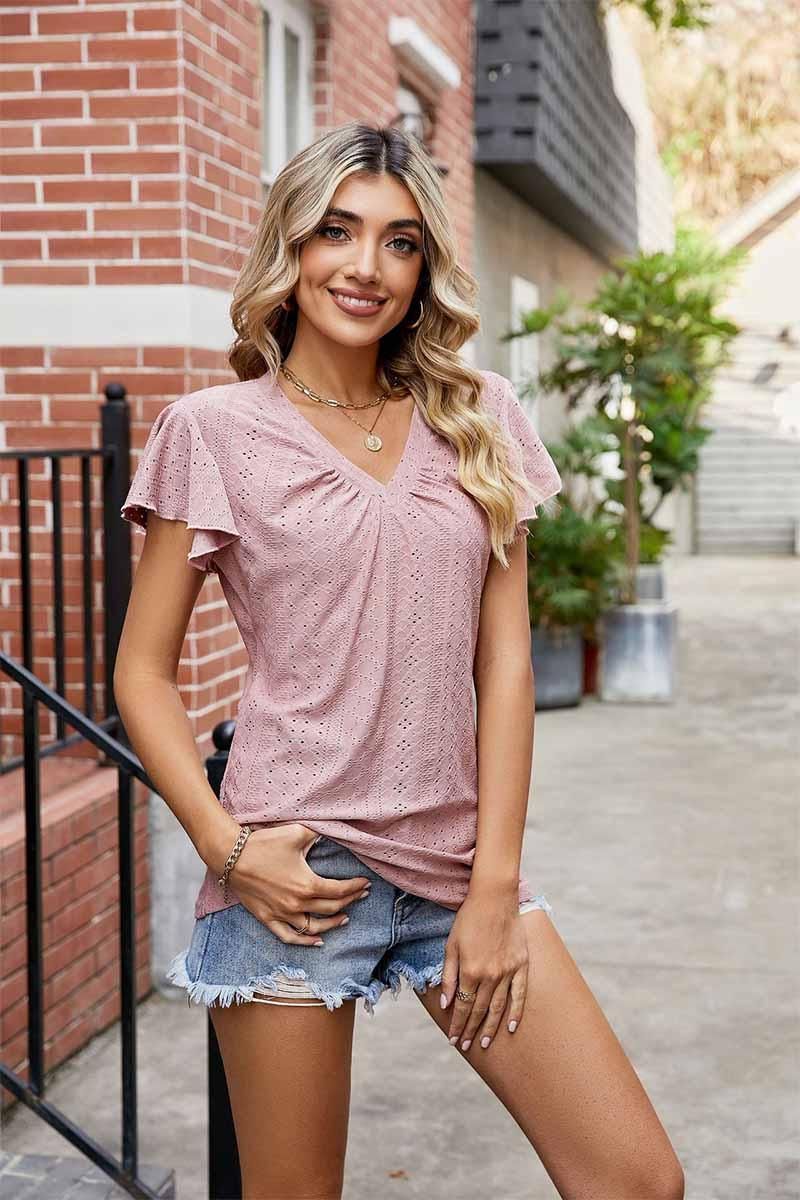 WRINKLED V NECK RUFFLED SLEEVES PUNCHING LACE TEE - Doublju