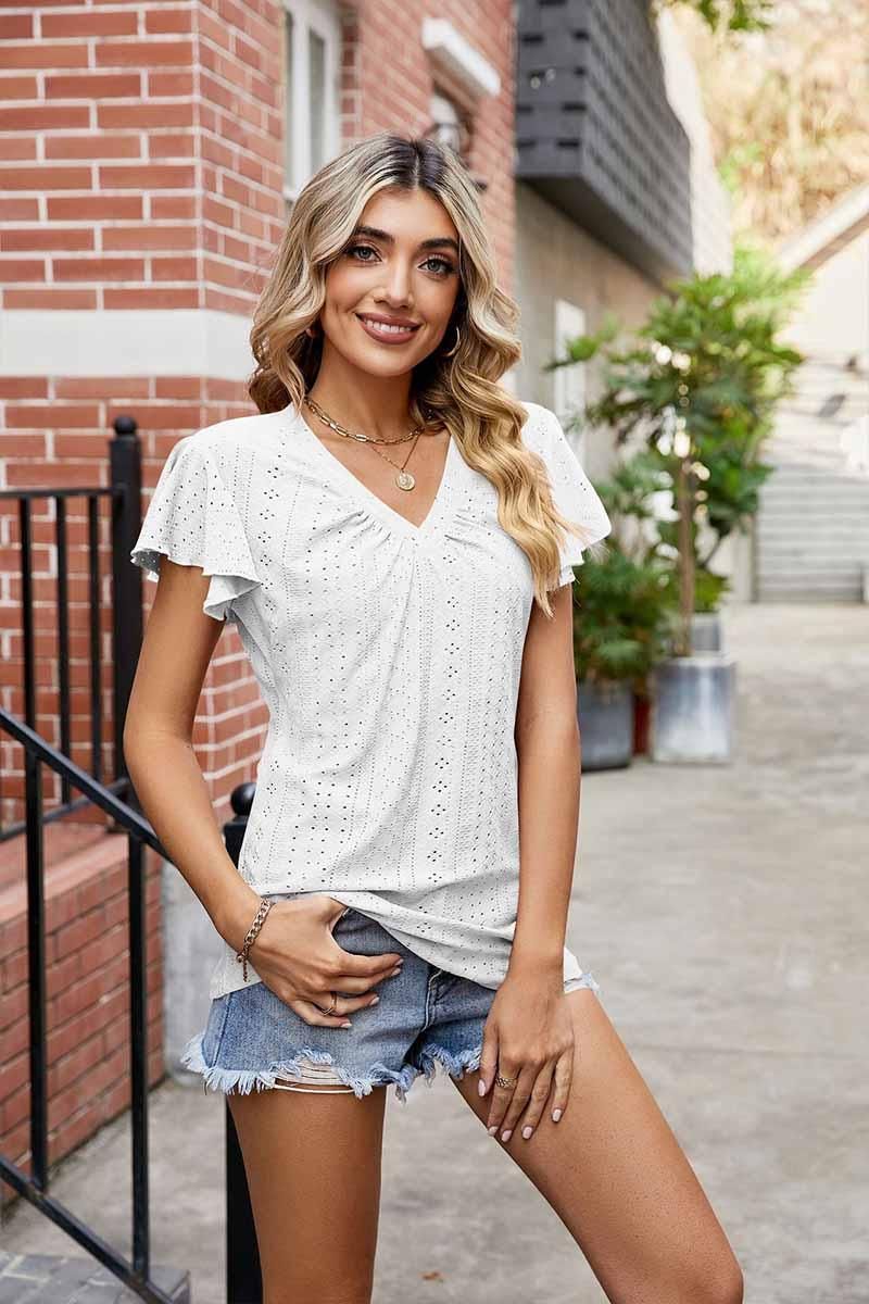 WRINKLED V NECK RUFFLED SLEEVES PUNCHING LACE TEE - Doublju