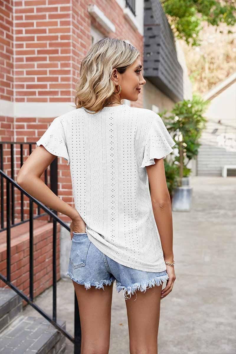 WRINKLED V NECK RUFFLED SLEEVES PUNCHING LACE TEE - Doublju