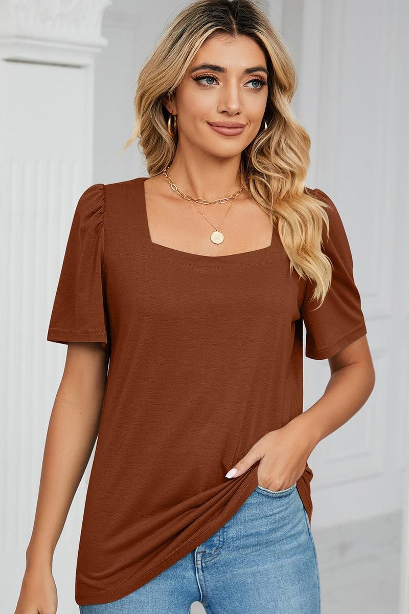 SQUERE NECK PUFF SHOULDER LOOSE TOP - Doublju