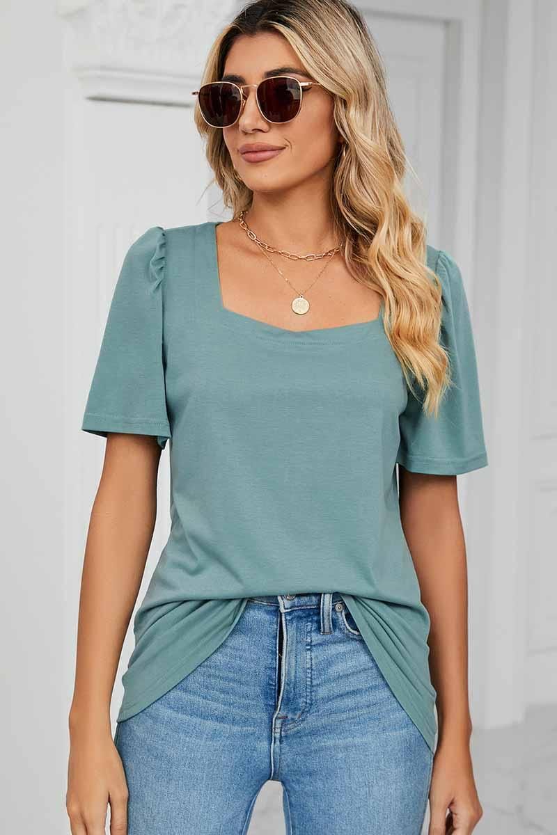 SQUERE NECK PUFF SHOULDER LOOSE TOP - Doublju