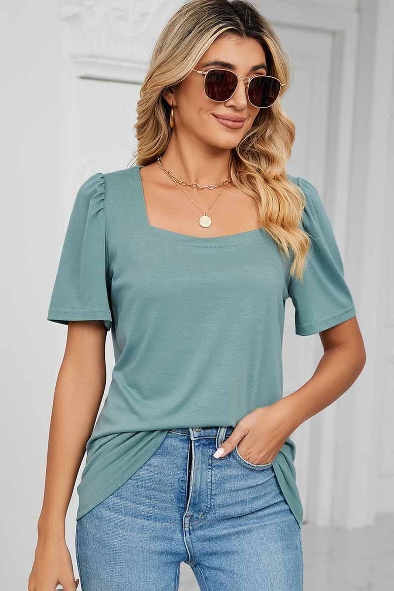 SQUERE NECK PUFF SHOULDER LOOSE TOP - Doublju