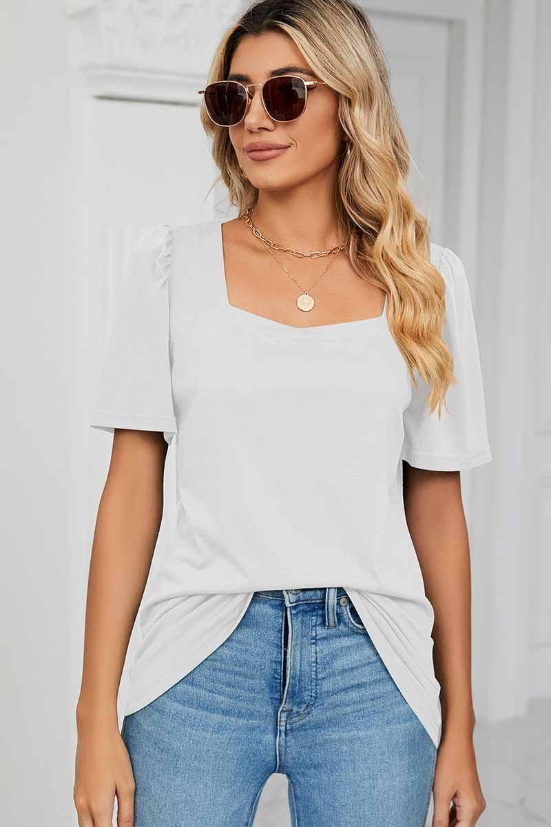 SQUERE NECK PUFF SHOULDER LOOSE TOP - Doublju