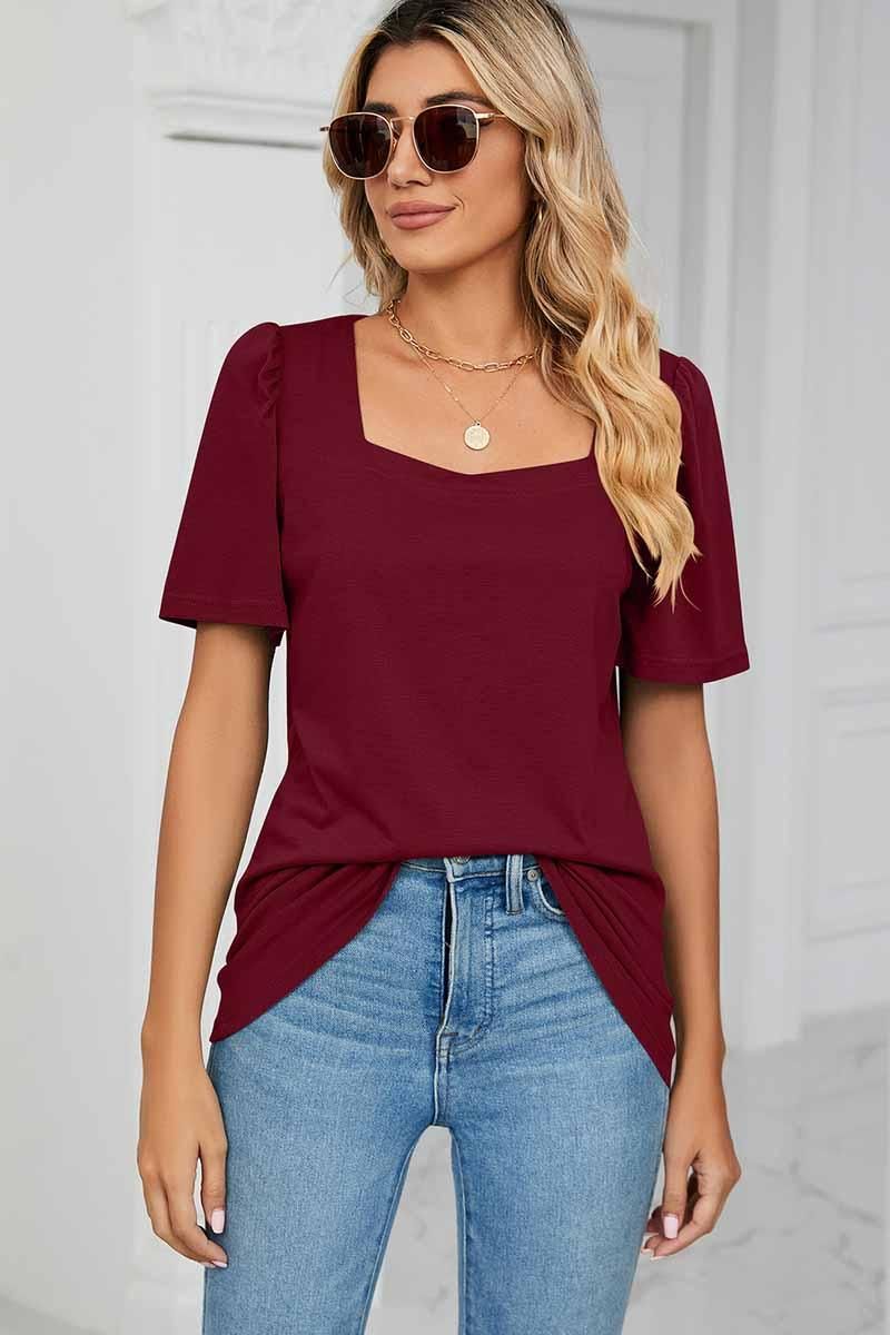 SQUERE NECK PUFF SHOULDER LOOSE TOP - Doublju