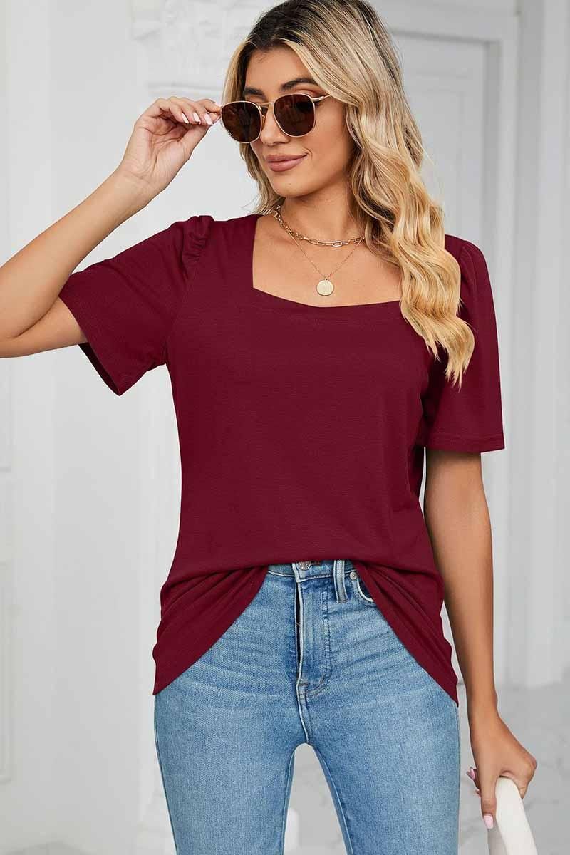 SQUERE NECK PUFF SHOULDER LOOSE TOP - Doublju
