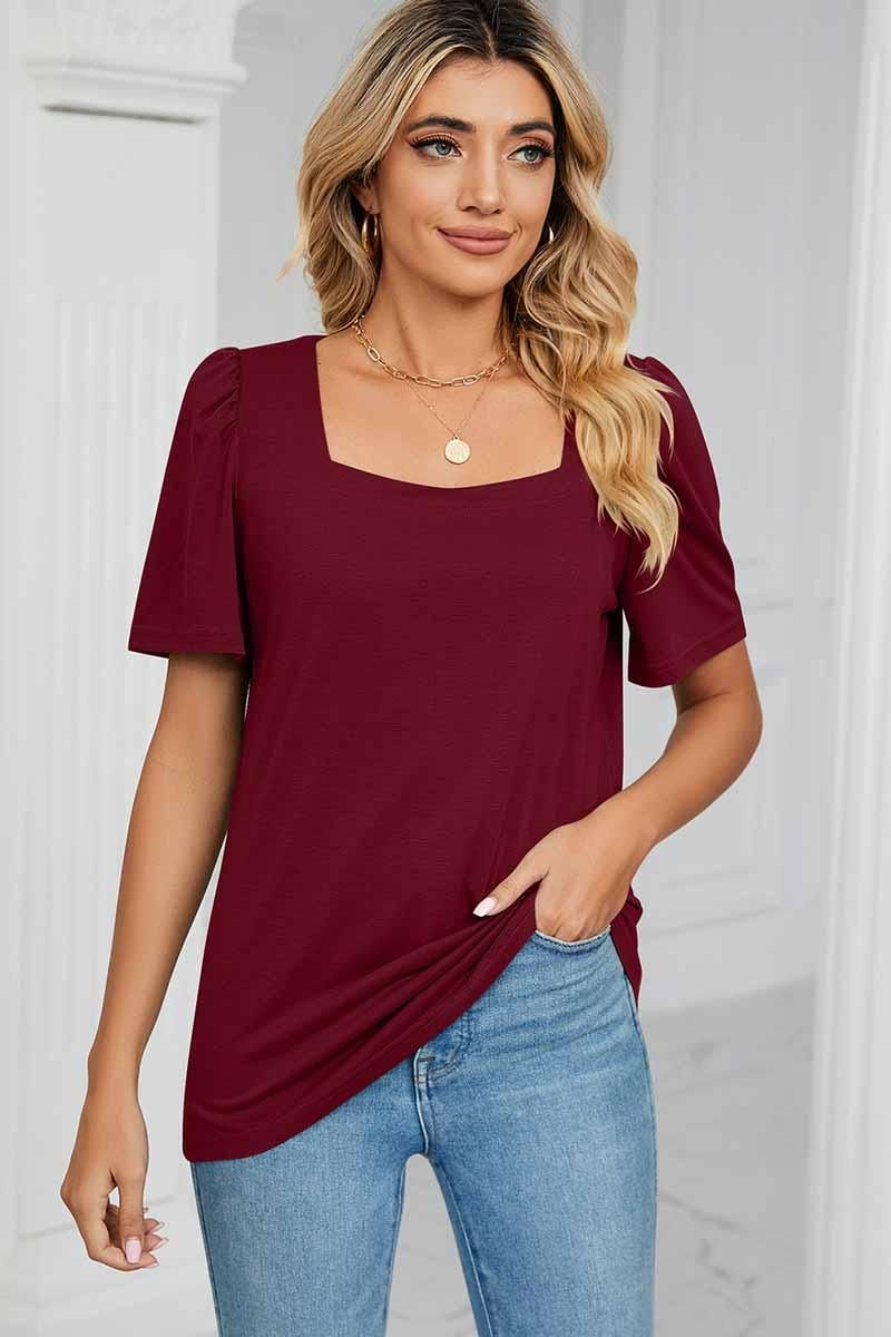 SQUERE NECK PUFF SHOULDER LOOSE TOP - Doublju