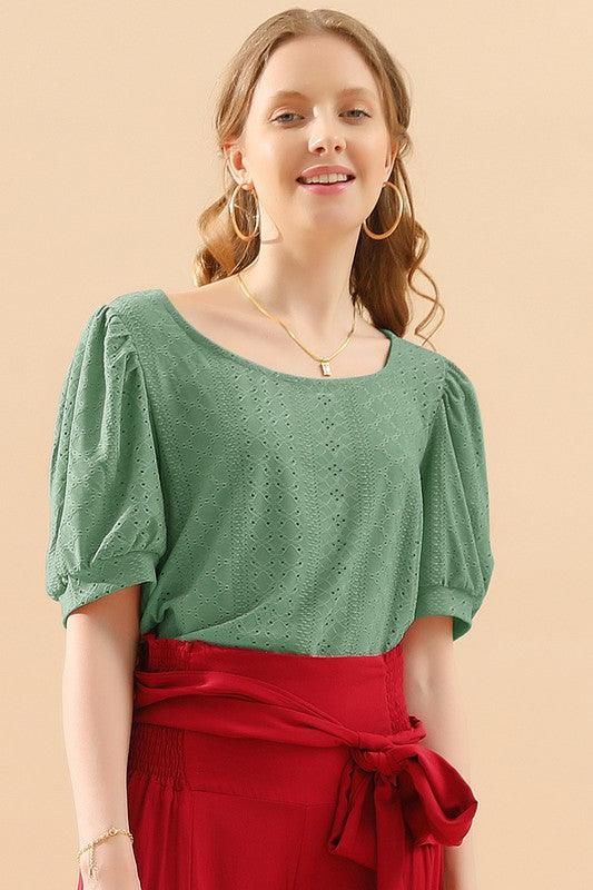 PUNCHING LACE PUFF HEM SLEEVE T SHIRTS - Doublju