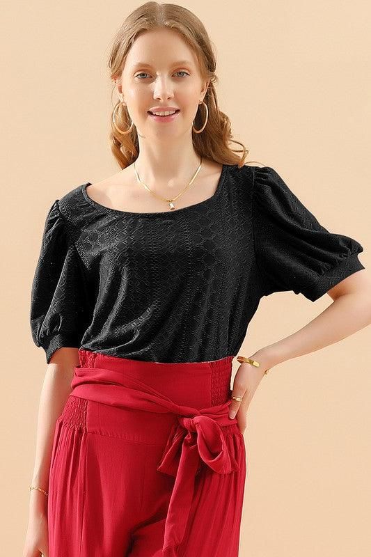 PUNCHING LACE PUFF HEM SLEEVE T SHIRTS - Doublju