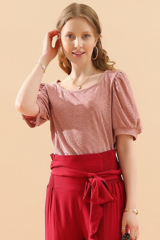 PUNCHING LACE PUFF HEM SLEEVE T SHIRTS - Doublju