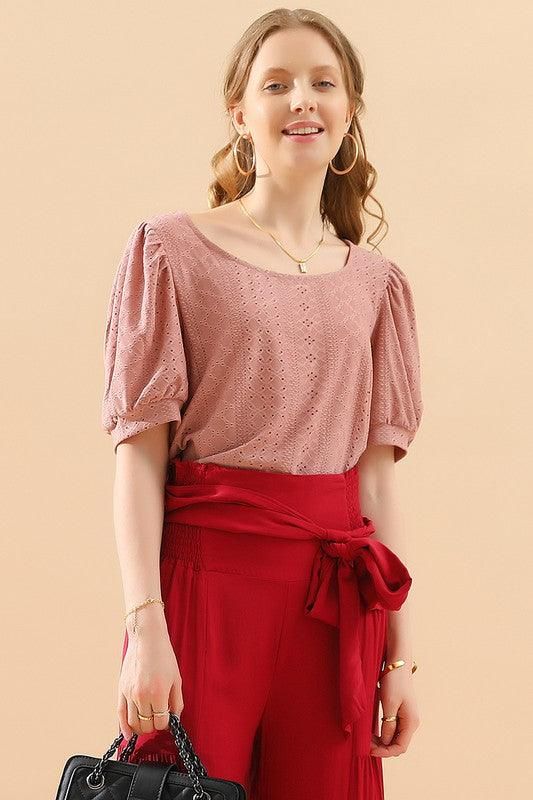 PUNCHING LACE PUFF HEM SLEEVE T SHIRTS - Doublju